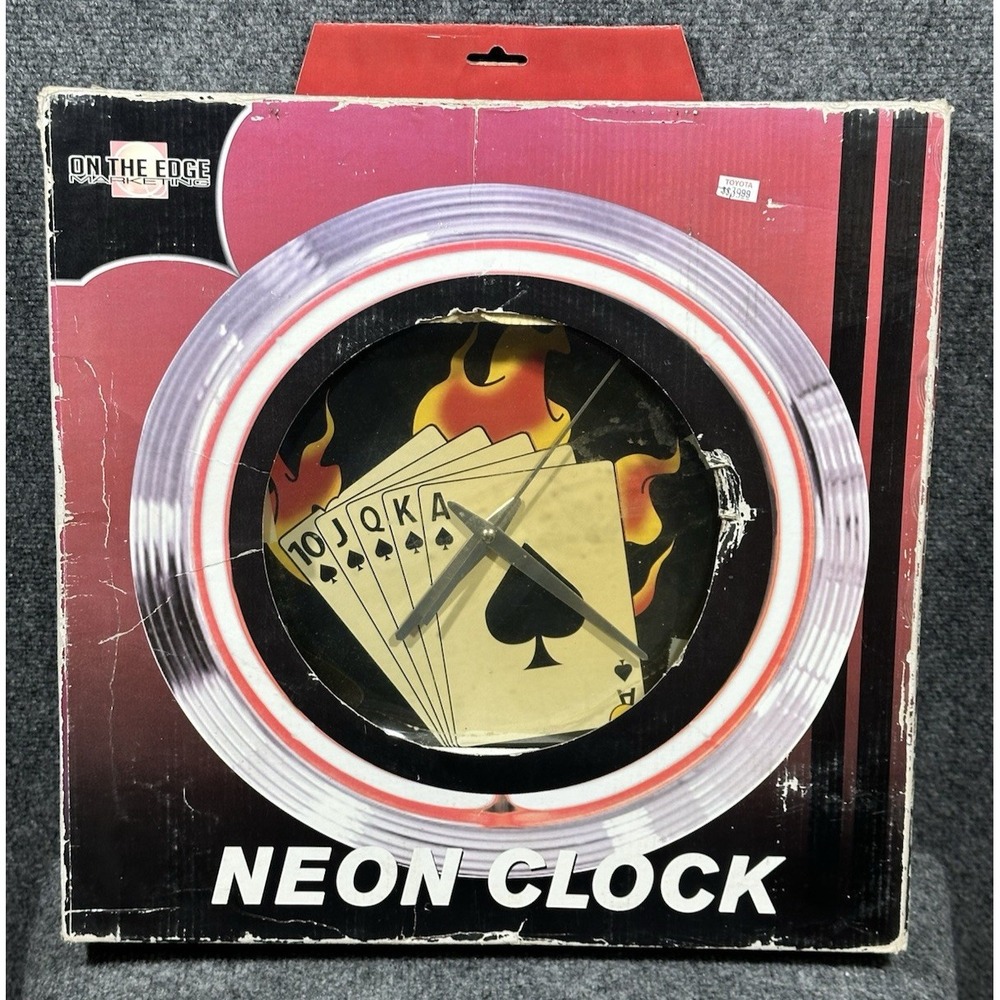 On the‎ Edge Marketing Neon Wall Clock Royal Flush Poker Flames Chrome Bezel